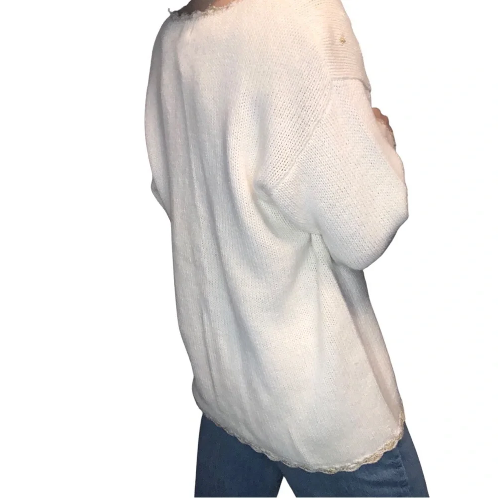 Vintage 90's Jacqueline Ferrar Sweater Cardigan Sz M Cream Gold Ornament Ramie